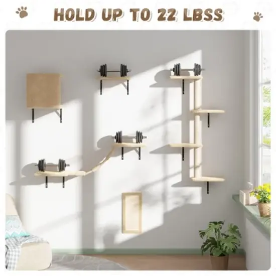 Sandinrayli Cat Wall Shelves - Wall-Mounted Set of 5, Floating Perches & Hanging Beds, Modern Furniture for Large Cats/Kitties (Beige) image {3}