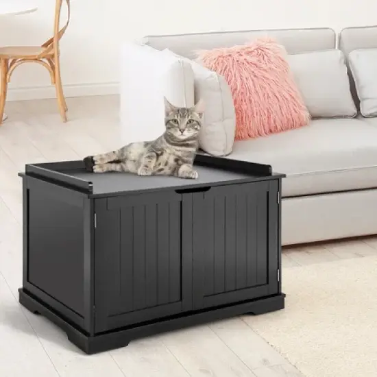 Costway Cat Litter Box Cabinet Furniture Cat Washroom Storage Bench Black image {2}
