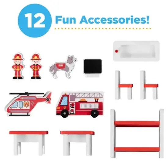 Best Choice Products 32in Kids 3-Story Pretend Wooden Fire Station Play Set Toy, w/ 2 Vehicles, 12 Accessories, 5 Rooms image {2}