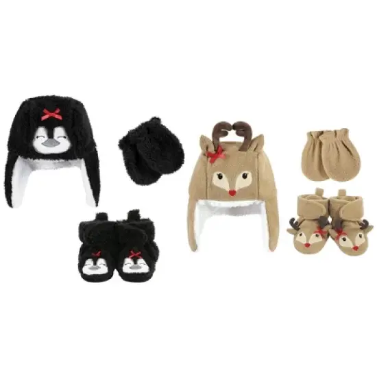 Hudson Baby Infant Girl 6Pc Trapper Hat, Mitten and Bootie Set, Girl Penguin Girl Reindeer image {3}