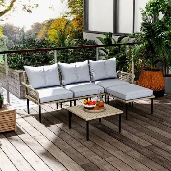 Outsunny 5 Pieces Patio Furniture Set with Cushions, Sofa, Chaise Lounge, Stool, Coffee Table image {2}