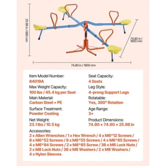 VEVOR Kids Seesaw, 110 lbs Load Capacity per Seat, Sit and Spin Teeter Totter, Swiveling 360 Degrees Rotating for Aged 3+, Orange&Blue&Yellow image {7}