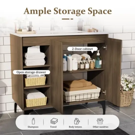 HYLEORY 36" Bathroom Vanity with Basin, Bathroom Storage Cabinet with Two Doors and open shelf, Solid Frame image {5}