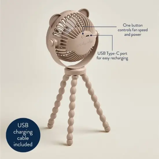 Itzy Ritzy Itzy Breeze 3-Speed Stroller Fan with Rechargeable Battery and Easy Attach Design - Tan Bear image {5}