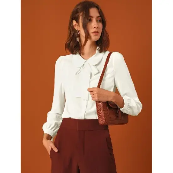 Allegra K Women's Peter Pan Collar Chiffon Bow Tie Neck Puff Sleeve Button Up Shirt image {1}