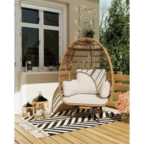 Outdoor 360 Swivel Egg Chair, Oversized Egg Lounge Chair w/Steel Frame and 4 Thick Cushions Chairs for Indoor Porch, Backyard, Living Room image {3}