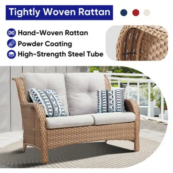 POCASSY 50" Wide Wicker Outdoor Loveseat Sofa with Weather Resistant Yellow Rattan for Porch, Balcony image {2}