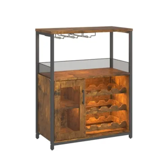 3-Tier Industrial Wine Bar Cabinet with Detachable Wine Rack, Drawer, Glass Holder & Mesh Doors Durable Sideboard and Buffet Storage, Brown image {10}