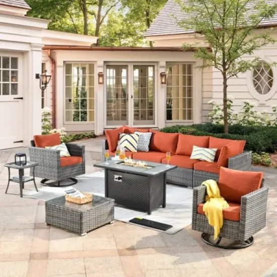 Ovios Venice 9pc Wicker Outdoor Patio Furniture Set Conversation Sofa with a Metal Fire Pit, Swivel Chairs and Cushions image {21}