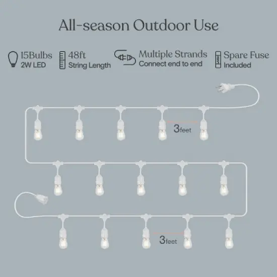 Brightech 15-Bulb LED Ambience Pro 2W 48ft 2700K S14 Indoor Outdoor Plug-in Hanging String Lights Clear Bulb White Wire image {4}