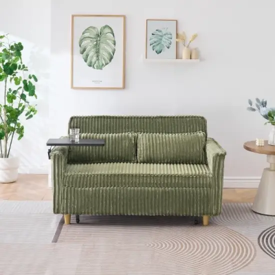 Dual-Function Pull-Out and Push-In Corduroy Sleeper Sofa Bed with Movable Table, 2 pillows and USB Ports, Couch for Small Apartments image {13}