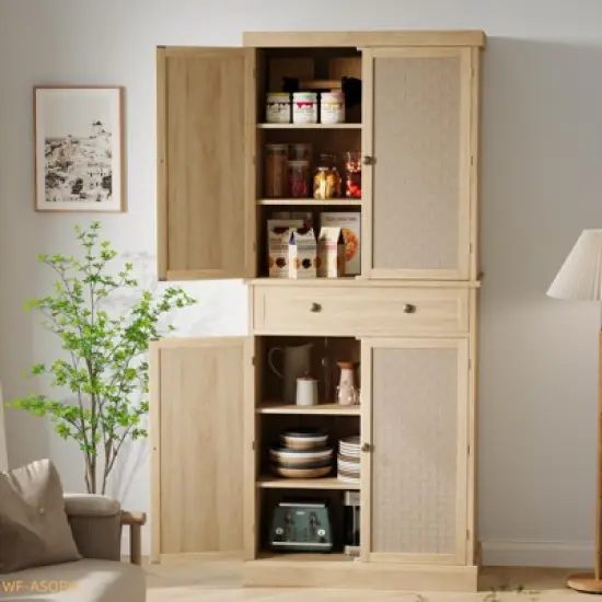 72" Farmhouse Kitchen Pantry Cabinet with 4 Doors, Adjustable Shelves & Drawer image {8}