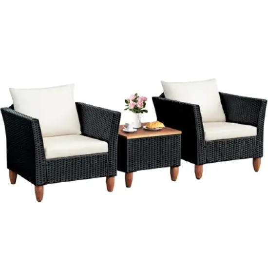 Tangkula 3-Piece Wicker Patio Furniture Set Outdoor Conversation Set w/ Cushions & Coffee Table image {9}