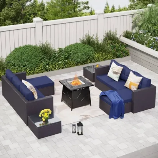 7pc Steel & Wicker Outdoor Set with Cushions & Fire Pit Table - Captiva Designs
 image {19}