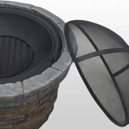 27" Round Natural Stone Wood Burning Fire Pit with Steel Base - Teamson Home image {3}