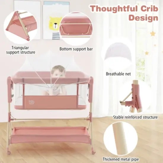 Safstar 3 in 1 Baby Bedside Bassinet w/Storage Basket, Universal Wheels, Adjustable Height, Mattress, Net & Portable Bag, Carriable Crib, Pink image {4}