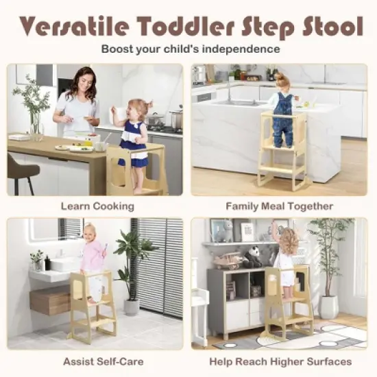 Costway 3-in-1 Foldable Kitchen Standing Tower for Toddlers with Chalkboard Weaning Table Natural image {9}