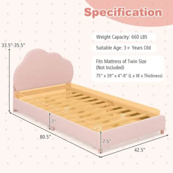 HoneyjoyKids Twin Platform Bed Frame Upholstered Twin Size Bed with Wooden Slats Support image {2}