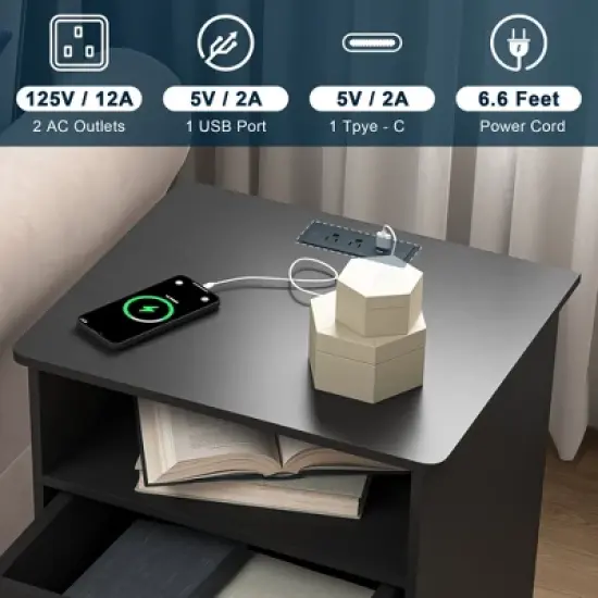 Resenkos Wood Nightstand With Charging Station, Bedside Table With 2 Drawers, Night Stand With Storage For Bedroom, image {9}