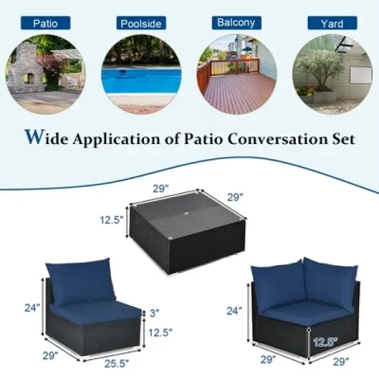 Costway 7PCS Patio Rattan Furniture Set Sectional Sofas Off White & Navy Cushion Covers image {2}
