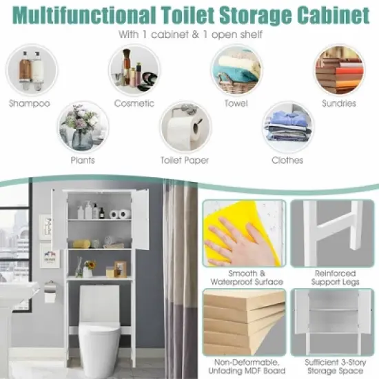 Costway Over The Toilet Storage Cabinet Double Door Bathroom Organizer Adjustable Shelf image {7}