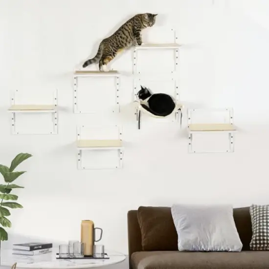 Multipet 6-pcs Modern Cat Wall Shelves for Indoor Cats, Height Adjustable Jumping Platforms & Cat Hammock image {3}