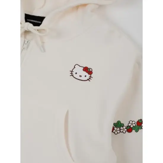 Hello Kitty Strawberries Puff Print Long Sleeve Zip Up Women's White Cropped Hoodie image {2}