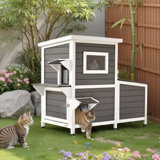 VEVOR Outdoor Cat House, 2-Story Wooden Cat Shelter for 3 Outside Cats in Winter, Elevated Feral Kitty Shelter with Stairs, White&Grey image {1}