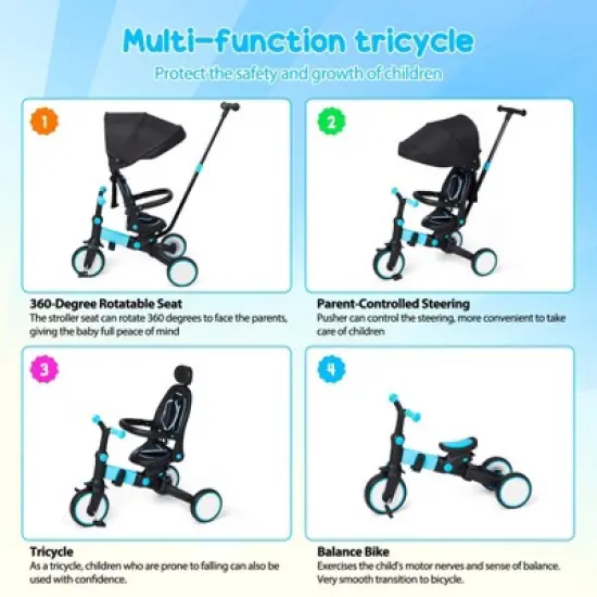 7 in 1 Baby Tricycle, Foldable Toddler Tricycle with Adjustable Parent Handle, Removable Pedal/Canopy/Guardrail for Toddler 12-72 Months, Blue image {3}