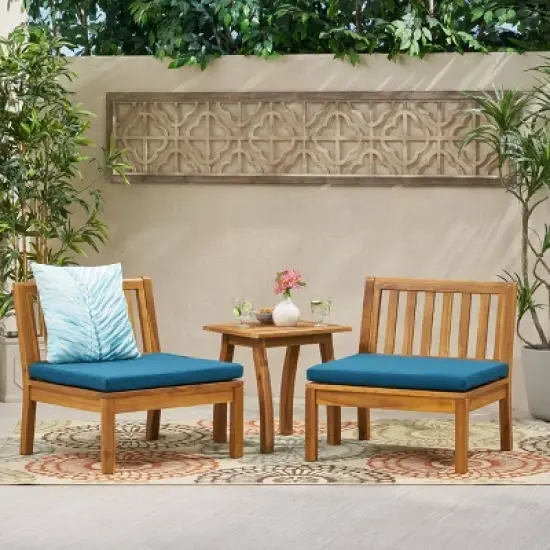 Yadira 3pc Acacia Wood Chat Set - Teak/Dark Teal - Christopher Knight Home image {1}