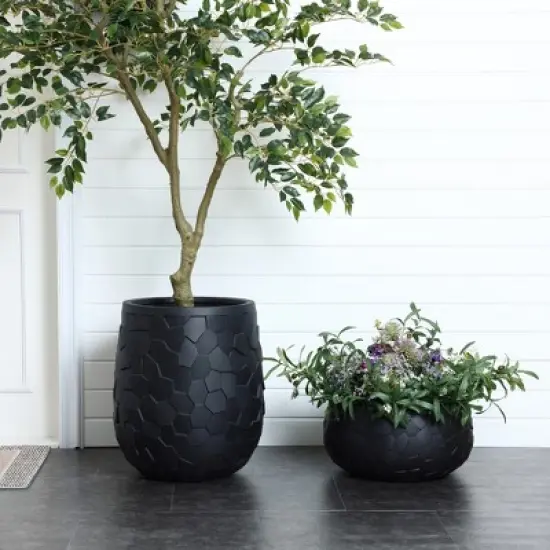 LuxenHome Round Black Geometric Planter &ndash; Indoor/Outdoor MgO Pot with Drainage Plug image {4}