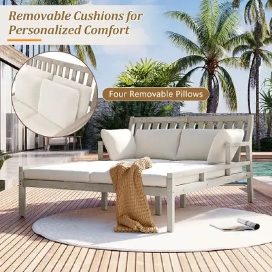 Whisen Outdoor Daybed, Patio Daybed with Four Pillows, Wooden Outdoor Bed with Curved Armrests image {4}