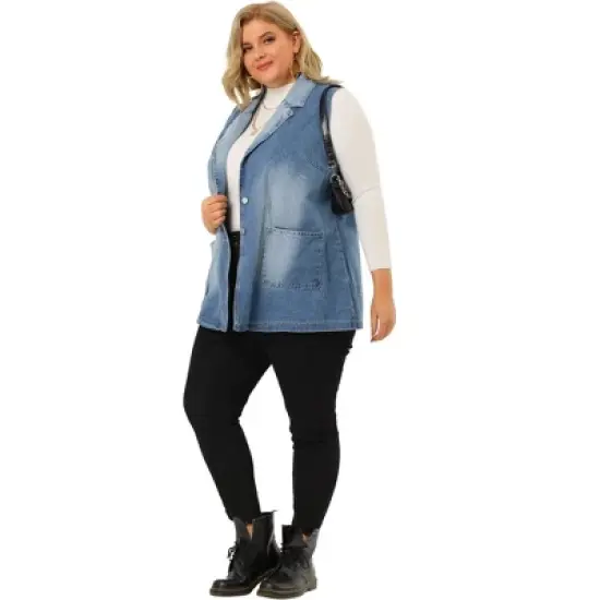 Agnes Orinda Women's Plus Size Denim Relax Notched Lapel Jacket Vest image {2}