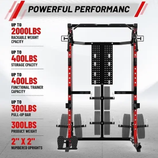 Power Cage Home Rack, 2000LB Squat Rack, Dual Pulley Cable Crossover System,Multi-Function Free Weight Gym Workout Machine with Bench Attachments Red image {2}
