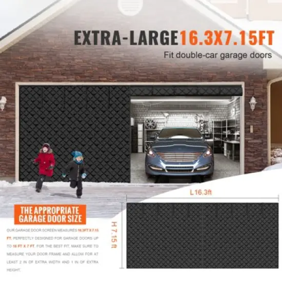 VEVOR Garage Door Screen for Winter, 16x7FT, Garage Door Insulation Kit, Magnetic Thermal Insulated Door Curtain with 300D Oxford Fabric, Black image {2}