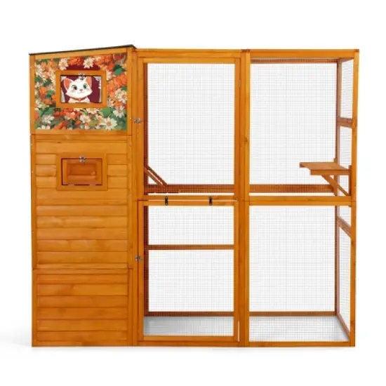 SEVOBAL Pet Crates and Houses Cat Enclosure Window Weatherproof Roof 2 Resting Rooms 2 Platforms for Outdoor Patio Deck, Orange, 76.18"*33.46"*70.08" image {5}