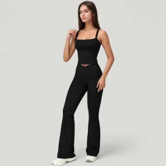 Anna-Kaci Active Women's Crossover Waist Flare Lounge Pants in Soft Woven Fabric with Relaxed Fit and Streamlined Silhouette image {4}