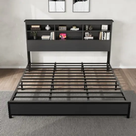 King Size Bed Frame with Bookcase Headboard, King Platform Bed with 2-tier Storage & Charging Station, No Box Spring Needed Easy Assemble，Black image {5}