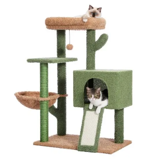 DOMETOUR 41"H Cactus Cat Tree Cat Tower, Cat Climbing Frame with Sisal Scratching Post, Cat Condo, Plush Perch, Hammock, Dangling Ball image {10}