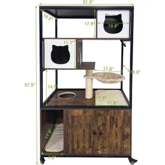 Cat Litter Box Enclosure, Hidden Litter Box Cabinet with Condo, Hammock, Scratching Mat & Post, Cat House with Storage Shelves & Wheels image {1}