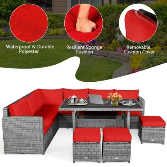 Tangkula 7PCS Rattan Patio Sectional Sofa Set Conversation Set w/ Red Cushions image {6}
