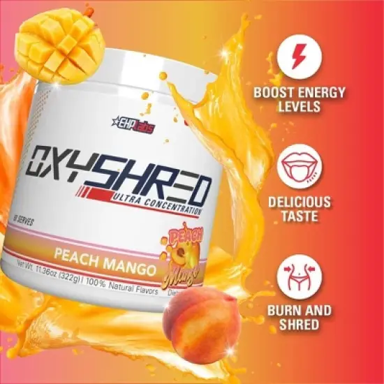 EHPlabs OxyShred Thermogenic Fat Burner - Pre-Workout Powder w/ L-Glutamine, L-Carnitine, Metabolism Booster, Weight Loss - Peach Mango, 60 Servings image {2}