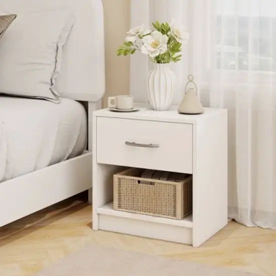 Costway Modern Nightstand Bedside Table with Drawer Open Storage Shelf for Small Spaces White image {1}
