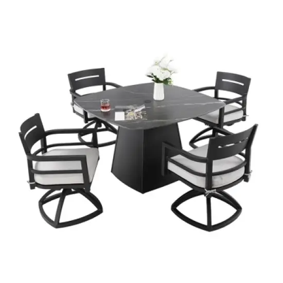 UNISOAR 5-Piece Outdoor Pedestal Dining Set, 1* Black Sintered StoneTop & 4 Chair, Rust-Free Aluminum, Weather-Resistant, for Patio or Deck image {11}