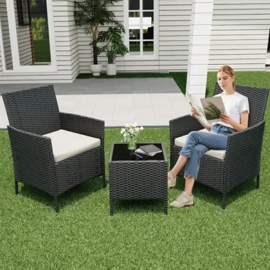 Patio Furniture Set 3 Pieces,Outdoor Patio Conversation Sets, PE Rattan Wicker Furniture Sets with 2 Chairs image {6}