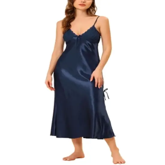 cheibear Womens Pajama Dress Spaghetti Strap Nightdress Cami Lounge Satin Nightgowns image {8}