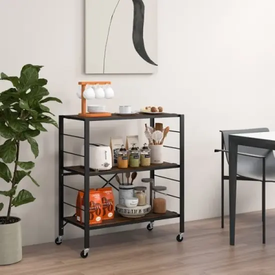 Tangkula 3-Tier Folding Shelf Free DIY Design Shelving Unit w/ 4 Universal Wheels Kitchen image {2}