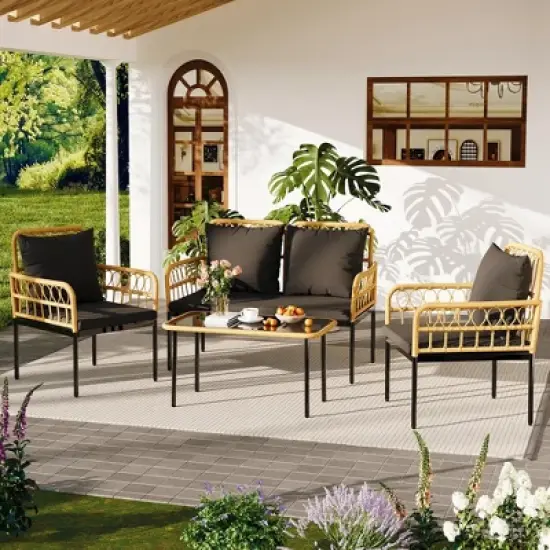 4-Piece Patio Set with Deep Seating & Waterproof Cushions, Boho Wicker Furniture with Coffee Table for Balcony, Backyard, Garden image {8}
