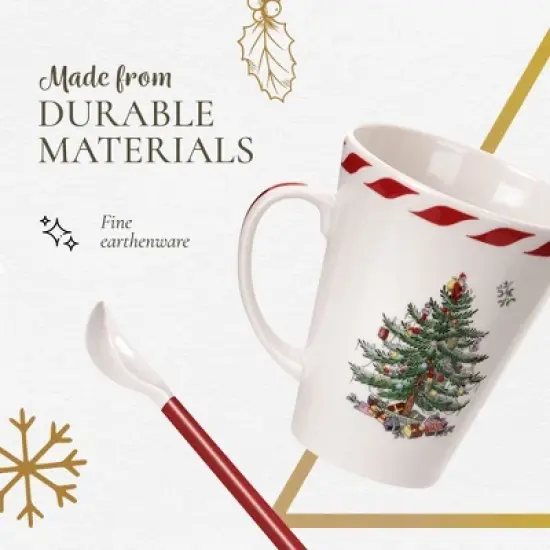 Spode Christmas Tree Peppermint 14oz Mug & Spoon Set (4-Piece) - Festive Earthenware with Candy Cane Motif, Ceramic Mug - Christmas Drinkware image {3}