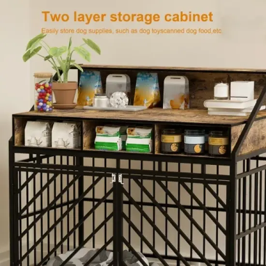 43 Inch Dog Crate Furniture for Small and Medium Dogs, Wood Dog Crate with Divider, Decorative Dog Kennel with Storage, Indoor Pet Cage House image {5}